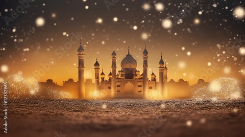 Islamic background witn desert, dust, castle, lanterns and lights. Generative ai