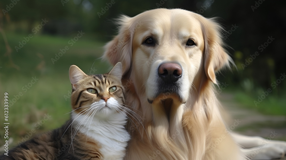 cute dog golden retriever and tabby kitten best friends sitting on grass and looking at the camera. generative ai