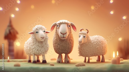 3d rendering cartoon clay detail of sheep with mosque background