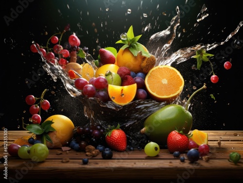 An explosion of fruits around in the air  fruit splash onto a glass. Generative AI