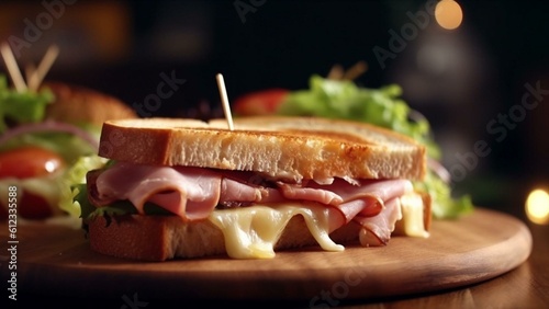 A gourmet sandwich of cheese ham and lettuce. Food photography. Blurred background and close up. 50mm lens. Super resolution.