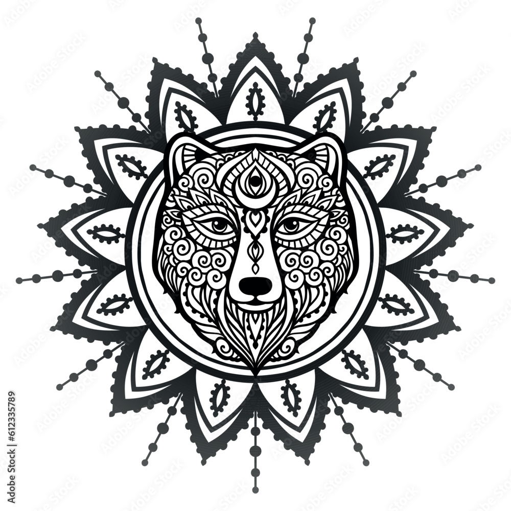 Obraz premium Bear mandala ornament. Vector illustration. Flower Ethnic drawing. Bear animal nature in Zen boho style. Coloring page black and white
