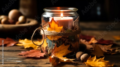Autumn background with candle and leaves, generative AI.