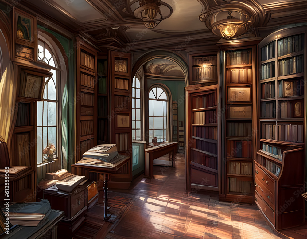 interior of an old-fashioned room crowded with books on shelves and papers piled on desks. generative ai illustration