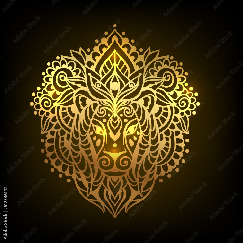 Lion mandala ornament. Vector illustration. Flower Ethnic drawing. Lion animal in Zen boho style. Coloring page, Leo zodiac, Astrology