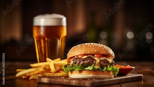 A generous cheeseburger with a pack of fries and a glass of beer. Traditional bar meal. A huge burger, golden potato fries and a cold beer. A traditional burger with cheese, bacon, lettuce, tomatoes a