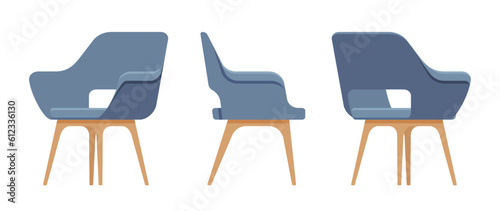 Side furniture reception chair, blue dining lounge seat set. Cafe indoor or outdoor use, kitchen, guest room modern decor. Vector flat style cartoon home, office piece isolated on white background