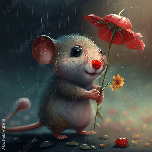 Wallpaper Mural Small, cute mouse hid under a beautiful red flower from the rain, generated by AI tools Torontodigital.ca