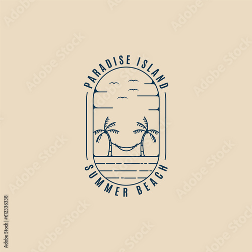 summer beach hammock line art logo vector illustration design. paradise island emblem symbol. palm tree line art icon