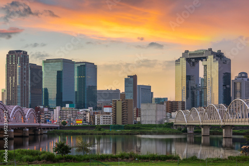 Foto Osaka, Japan Skyline at Umeda From Across the Yodogawa River