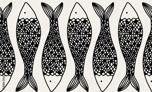 Fishes seamless pattern. Fishes endless hand drawn texture.