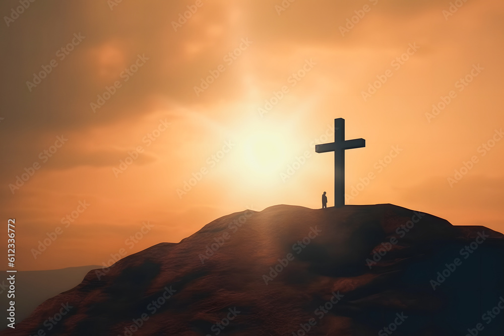 Easter Resurrection Concept: Cross on Hill Silhouette with Sun Rays