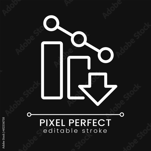 Falling arrow pixel perfect white linear icon for dark theme. Poor performance. Business forecast. Thin line illustration. Isolated symbol for night mode. Editable stroke. Poppins font used