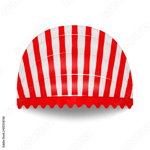 Striped red and white round door awning realistic vector. Scallop edge canopy. Window tent roof for restaurant, cafe, hotel or store. Template for design