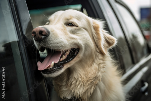 Joyful pet dog gleefully sticks its head out the car window, taking in the scenic highway and basking in the summer sun. AI Generative.