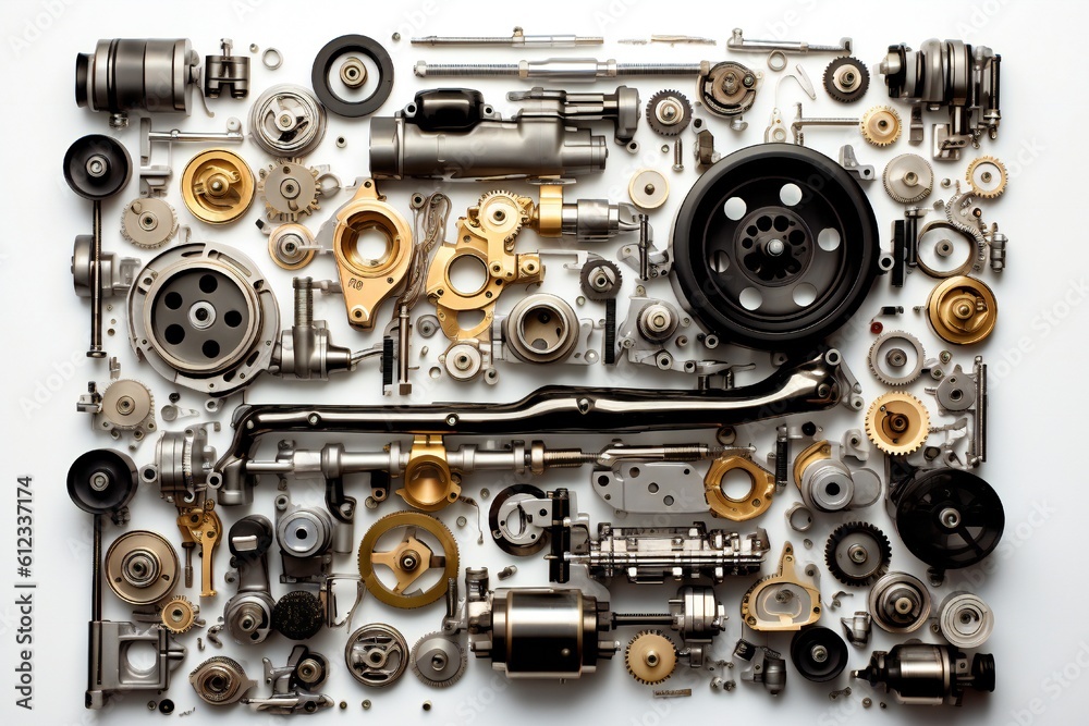 Car engine parts on white background Generative AI Car engine parts on white background Generative AI