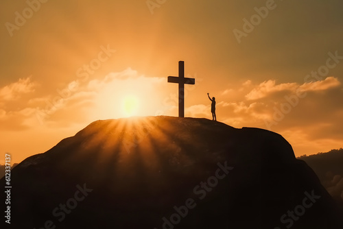 Easter Resurrection Concept: Cross on Hill Silhouette with Sun Rays © aprilian