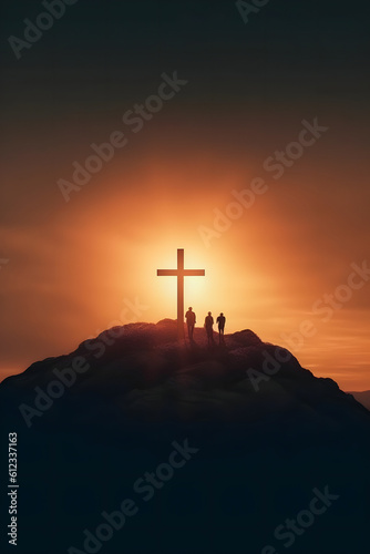 Easter Resurrection Concept: Cross on Hill Silhouette with Sun Rays