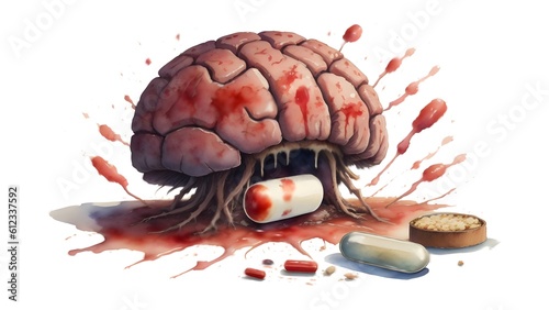 Bloody Brain with a Drugs Pill Indside, The Dark Side of Drugs, International Anti Drugs Day , Drugs Kill You Watercolor Artstyle  photo