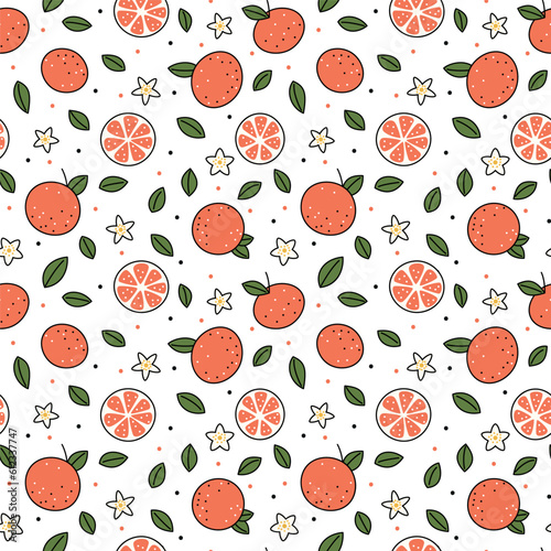Fototapeta Naklejka Na Ścianę i Meble -  Juicy grapefruit seamless pattern. Slices, leaves and flower