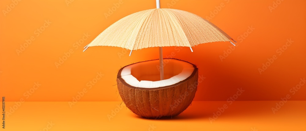 Coconut with an umbrella, creative minimal summer idea, concept made of coconut fruit and sun umbrella, colorful background, generative AI