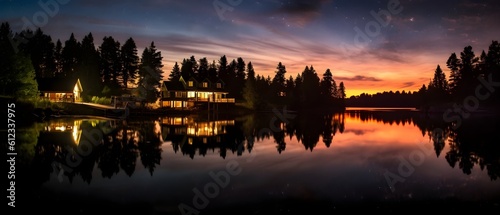 Lake at night, forest at night and in the middle is a lake, starry sky, generative AI © midninja.com