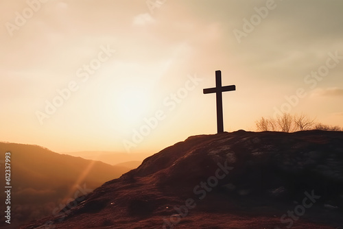 Resurrection of Jesus Christ: Silhouette Cross on Hill at Sunrise © aprilian