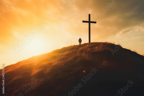 Resurrection of Jesus Christ: Silhouette Cross on Hill at Sunrise © aprilian