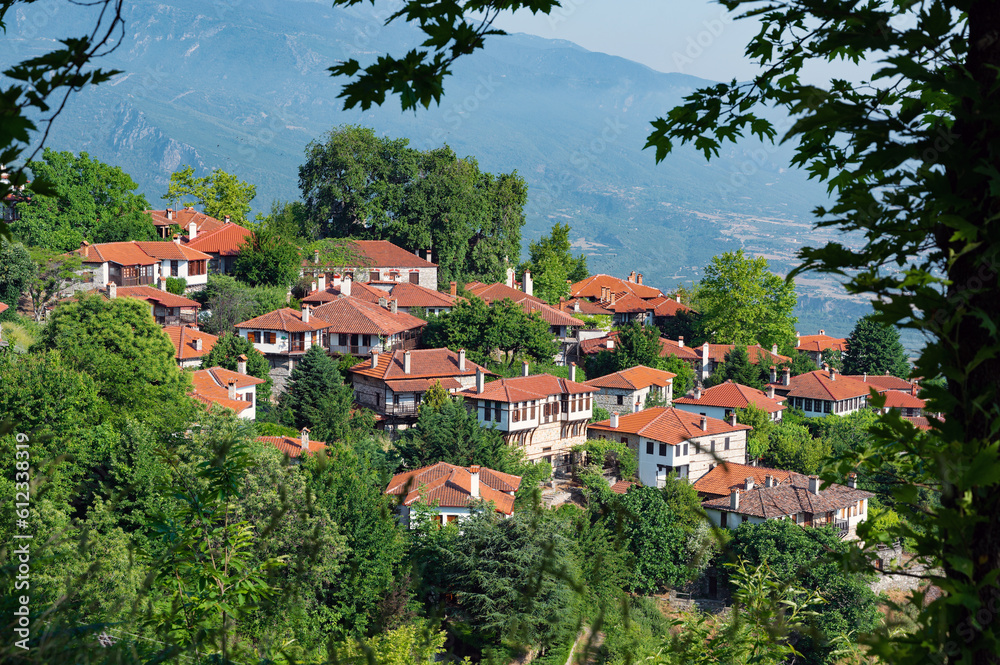 Springtime landscape showing the stone houses of traditional architecture in the village of Palaios Panteleiomonas in northern Greece