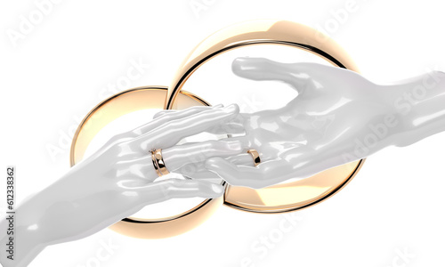 Hands with wedding rings. Wedding theme. 3d illustration.