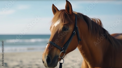 Handsome horse at the beach ocean view. Funny Summer vacation  holidays concept. Generative ai.