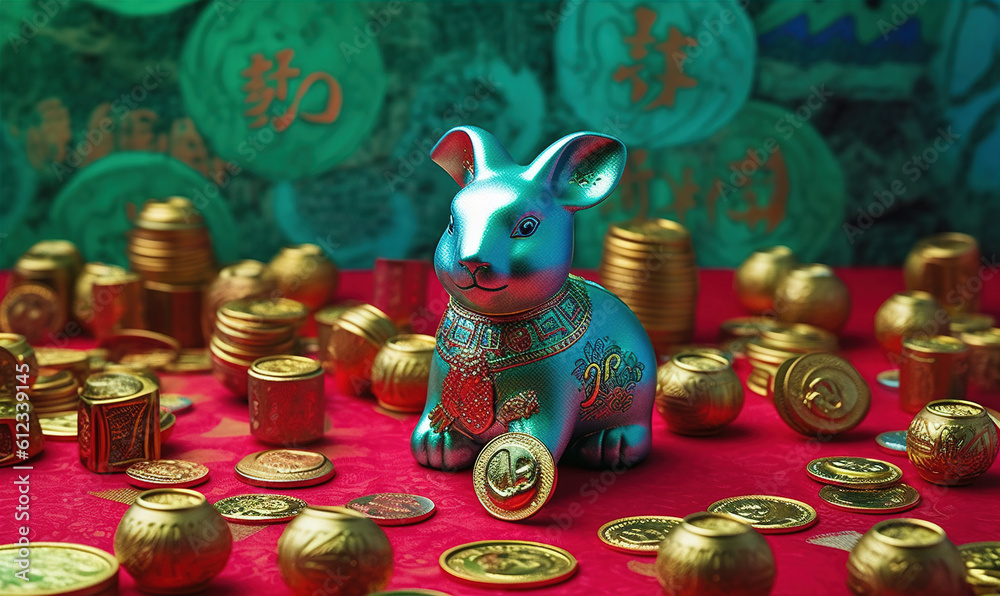 the new year rabbit holding coins with lanterns along, AI Generative