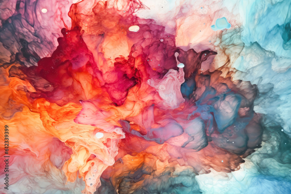Splash of colored ink in water. Mixing paints in water. Abstract colorful gradient background for wallpaper, posters, product packaging or presentations. Deep space color palette. Generative AI
