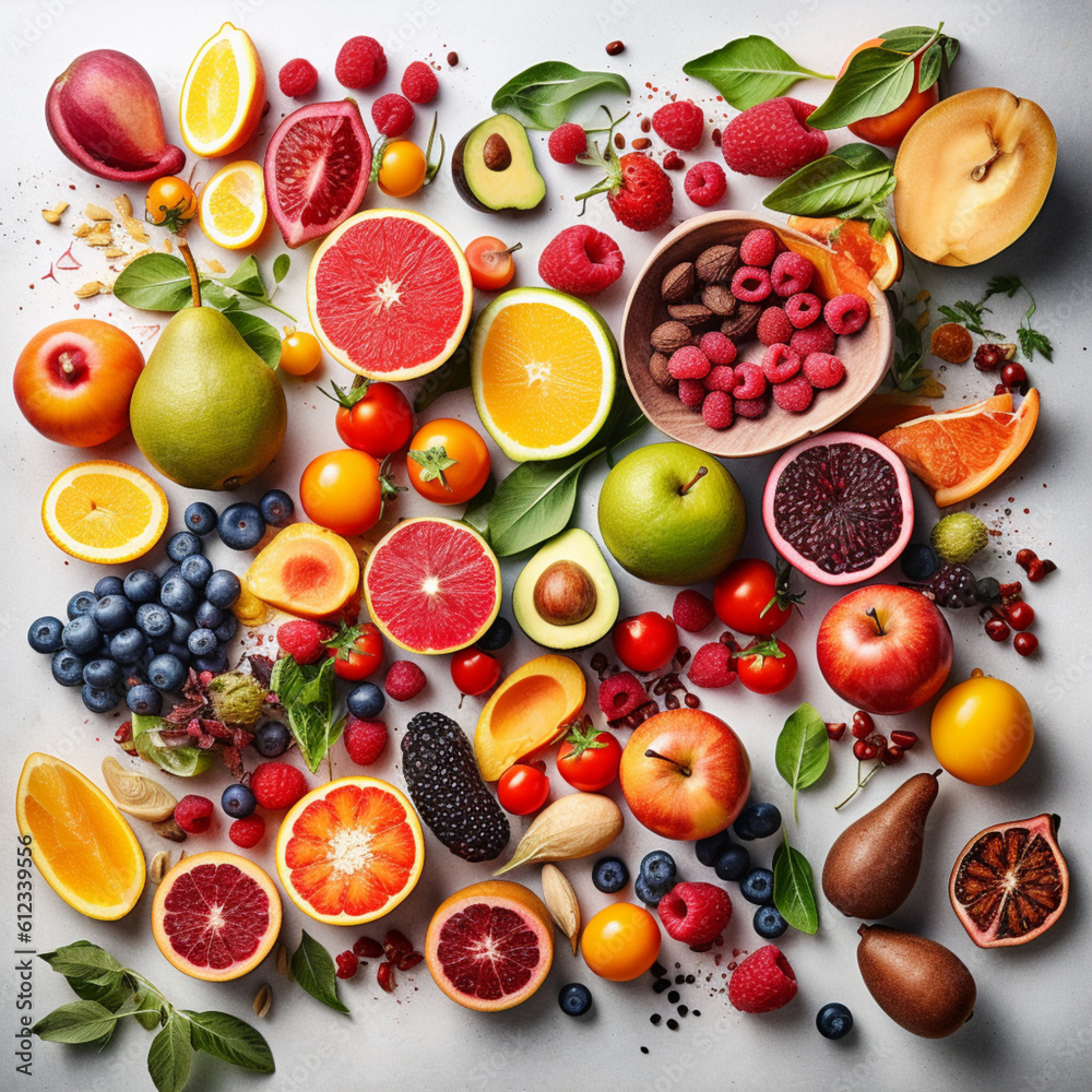 an array of colorful, fresh fruits and vegetables, artfully arranged on a crisp, white background. The image showcases a healthy, balanced diet, and the vibrant colors. Ai generated. an array of colorful, fresh fruits and vegetables, artfully arranged on a crisp, white background. The image showcases a healthy, balanced diet, and the vibrant colors. Ai generated.