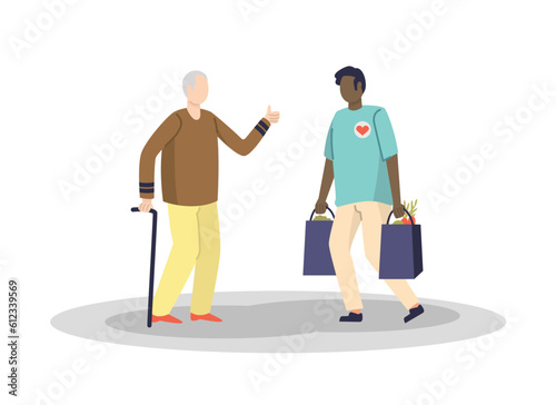 African volunteer bring food for old man. Young volunteer giving support for man with special needs. Helping senior people and humans with disability concept. Vector flat illustration
