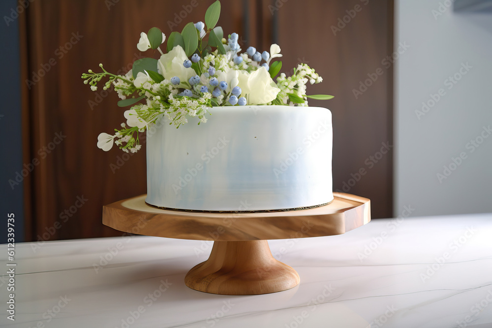 White cake on a wooden plate, buttercream, cake and floral art, food photography White cake on a wooden plate, buttercream, cake and floral art, food photography