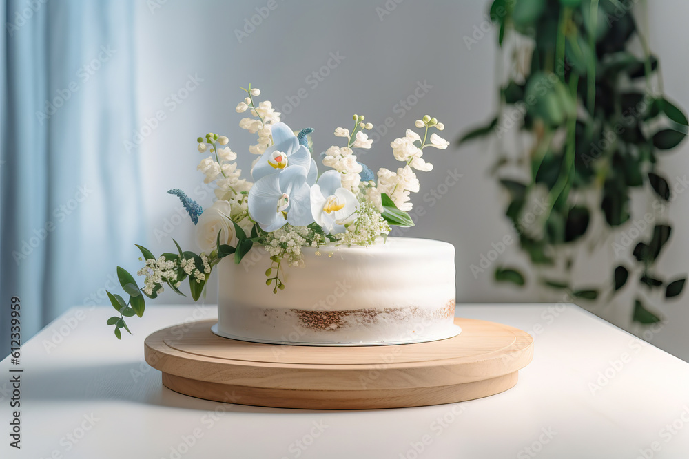 White cake on a wooden plate, buttercream, cake and floral art, food photography White cake on a wooden plate, buttercream, cake and floral art, food photography