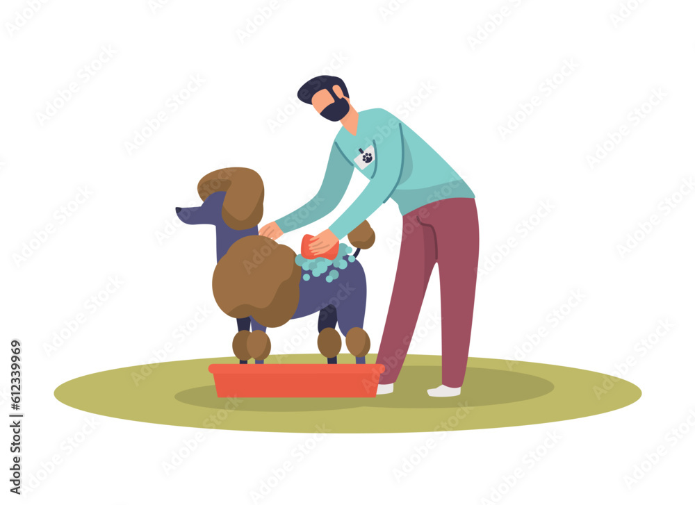 Man standing near beautiful dog and washing dog with washcloth. Giving support for domestic animals. Social active youth. Charity and donations for dogs and cats. Vector flat illustration