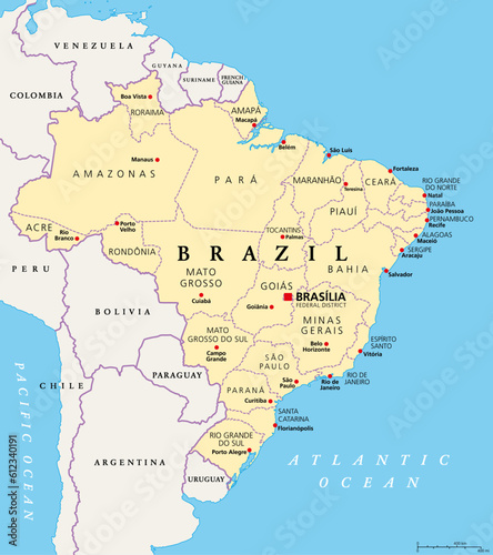 States of Brazil, political map. Federative units with borders and capitals. Subnational entities with a certain degree of autonomy. They form the Federative Republic of Brazil, with capital Brasilia.