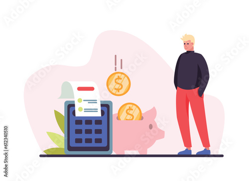 Non-cash payment transactions in exchange for goods and services. Young male client standing in front of POS terminal printing out receipt. Flat vector illustration