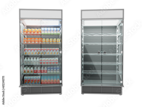 Refrigerated showcase with glass doors. 3d illustration, isolated on white