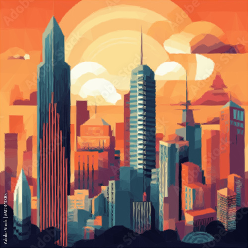 City landscape with modern tower buildings at the sunset. Vector illustration
