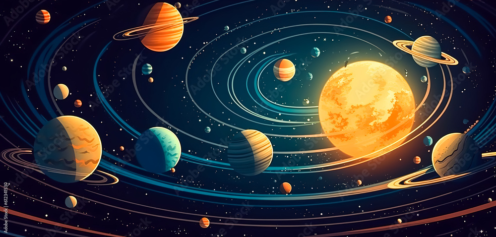 Colorful solar system with planets orbiting the sun, generative AI.