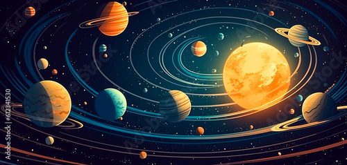 Colorful solar system with planets orbiting the sun, generative AI.