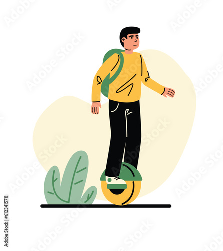 Young man riding electric unicycle on road. Resting and spending time outside after college. Reducing world energy consumption. Flat vector illustration in yellow and green colors