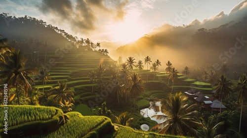 Beautiful sunrise over famous balinese landmark Tegalalang rice terraces. Magic sun rays, amazing light. Generative AI photo