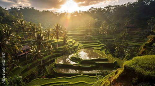 Beautiful sunrise over famous balinese landmark Tegalalang rice terraces. Magic sun rays, amazing light. Generative AI photo