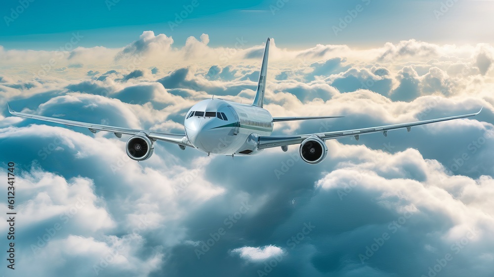Fototapeta premium Commercial airplane jetliner flying above dramatic clouds Generative AI