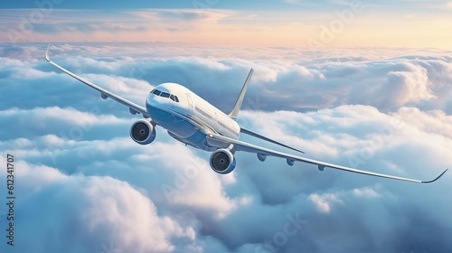 Commercial airplane jetliner flying above dramatic clouds Generative AI
