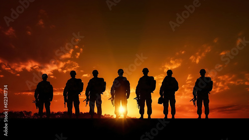 military silhouettes on sunset sky background. Generative Ai